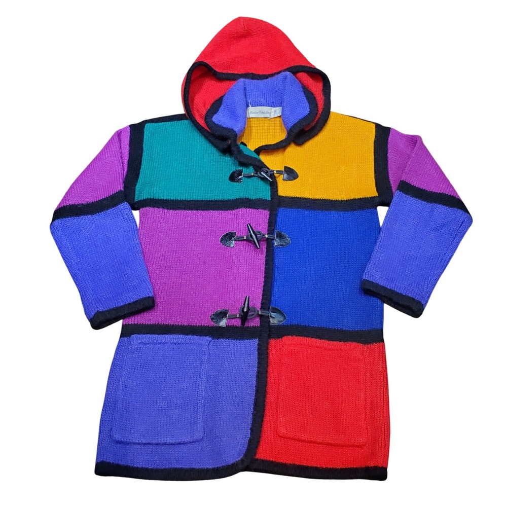 Vtg Marisa Christina Mohair Colorblock Hooded Sweater Coat Toggle Clowncore S